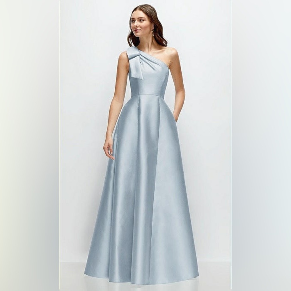 DESSY GROUP BOW ONE-SHOULDER FULL A-LINE SATIN MAXI DRESS IN MIST Size 6